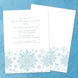 100th Birthday Party Blue White Snowflake Winter Invitation