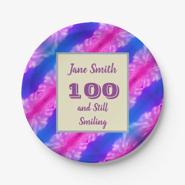 100th Birthday Party Bright Neon Colour Striped Paper Plate (Front)