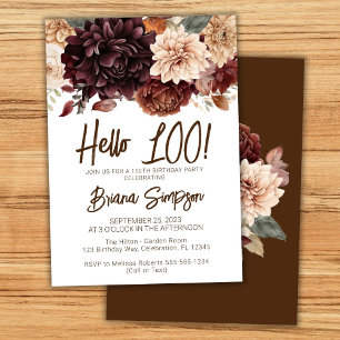 100th Birthday Party Brown Beige Flowers Floral Invitation