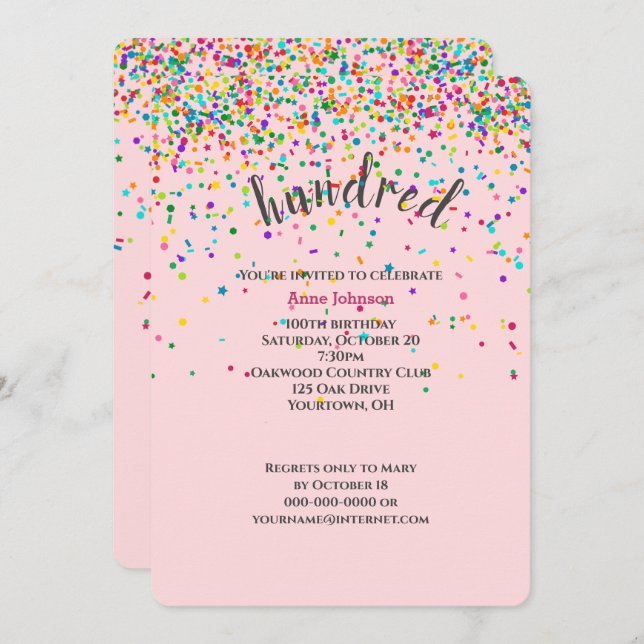 100th Birthday Party confetti Invitation (Front/Back)