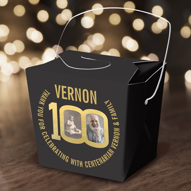 100th Birthday party custom photo favor black gold Favour Box (Creator Uploaded)