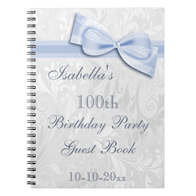 100th Birthday Party Damask and Bow Spiral Notebook (Front)