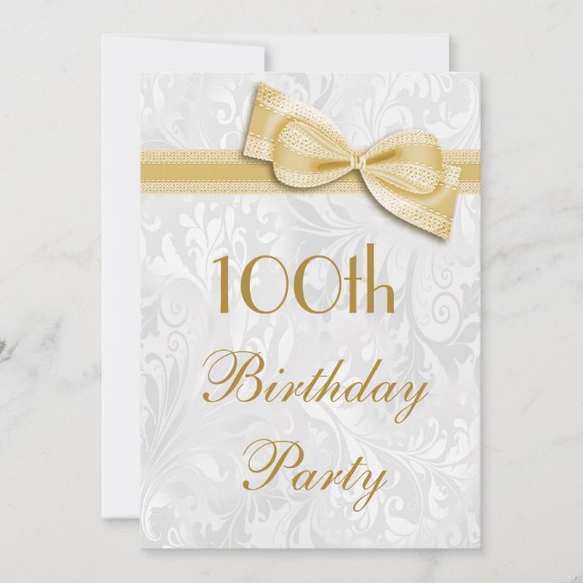 100th Birthday Party Damask and Faux Bow Invitation (Front)