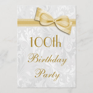 100th Birthday Party Damask and Faux Bow Invitation