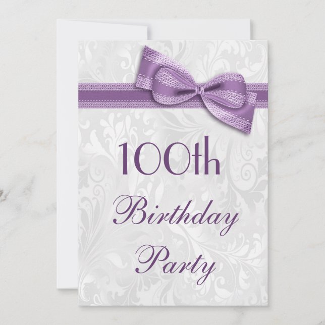 100th Birthday Party Damask and Faux Bow Invitation (Front)