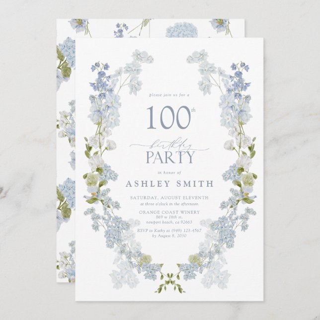 100th Birthday Party Elegant Dusty Blue Floral Invitation (Front/Back)