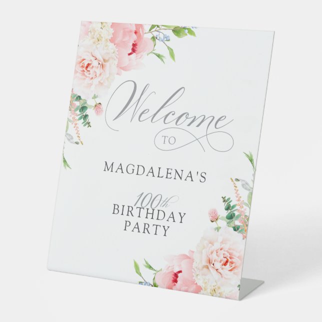 100th Birthday Party Elegant Pink Floral Welcome Pedestal Sign (Front)