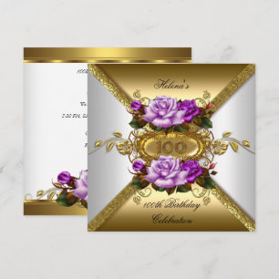 100th Birthday Party Elegant Roses Purple Gold Invitation