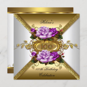 100th Birthday Party Elegant Roses Purple Gold Invitation