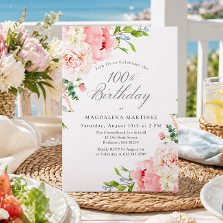 100th Birthday Party Feminine Pink Roses Floral Invitation