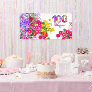 100th Birthday Party Floral Flowers Modern 100 Banner