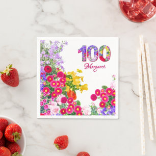 100th Birthday Party Floral Flowers Modern 100 Napkin