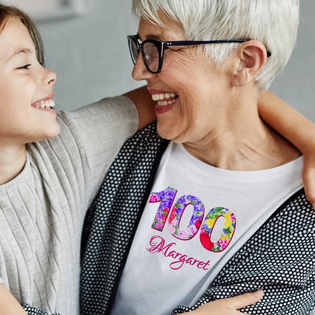 100th Birthday Party Floral Flowers Modern 100 T-Shirt (Creator Uploaded)