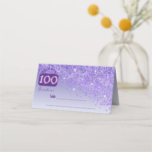 100th Birthday Party Glam Purple Glitter Place Card