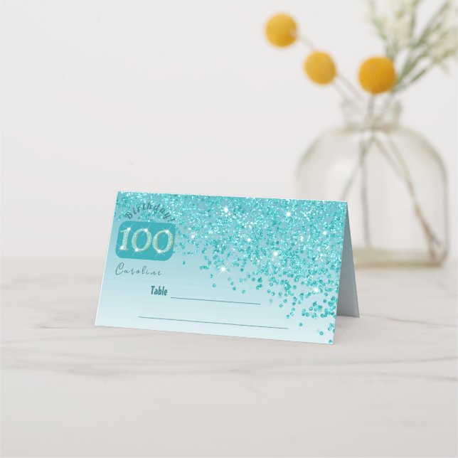 100th Birthday Party Glam Teal Blue Glitter Place Card (Front)