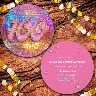100th Birthday Party Gold Pink Glitter Disco Ball Invitation