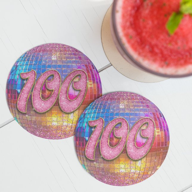 100th Birthday Party Gold Pink Glitter Disco Ball Round Paper Coaster (Creator Uploaded)