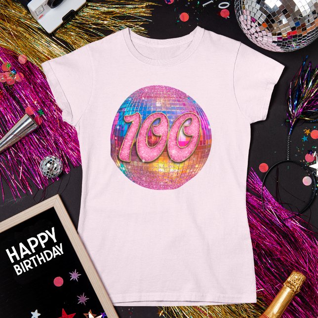 100th Birthday Party Gold Pink Glitter Disco Ball T-Shirt (Creator Uploaded)