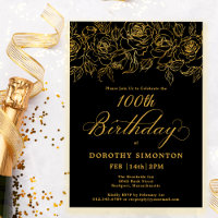 100th Birthday Party Gold Rose Floral Black