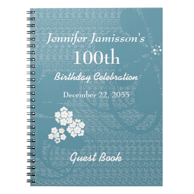 100th Birthday Party Guest Book Blue, White Floral (Front)