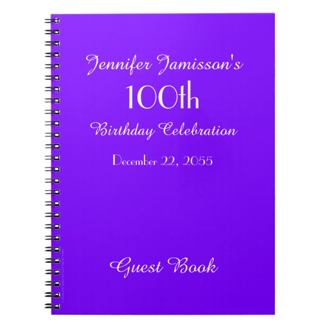100th Birthday Party Guest Book Purple Solid (Front)