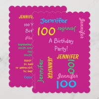 100th Birthday Party Invitation Hot Pink Customise