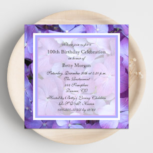 100th Birthday Party Invitation Purple Hydrangeas
