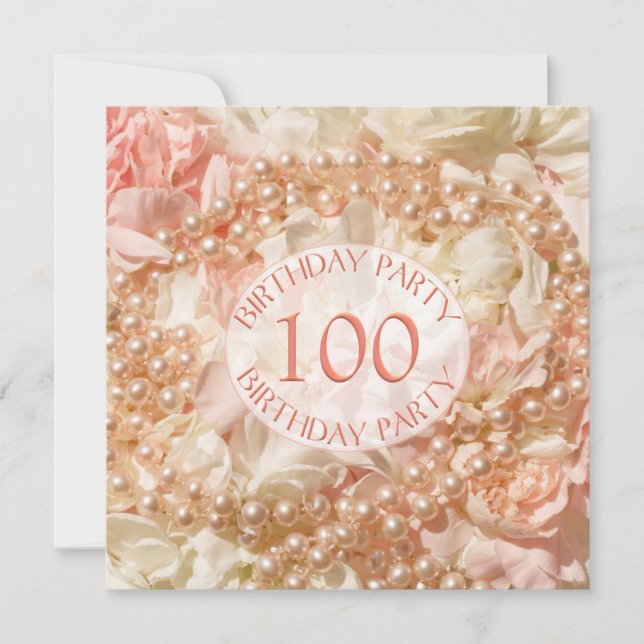 100th Birthday party invitation with pearls (Front)