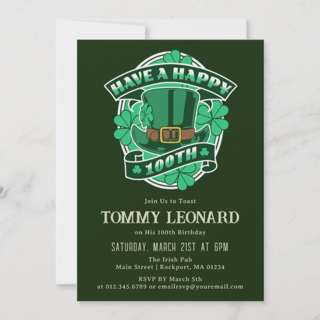100th Birthday Party Leprechaun Hat Shamrock Irish Invitation (Front)