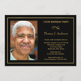 100th Birthday Party Men's Black and Gold Photo Invitation
