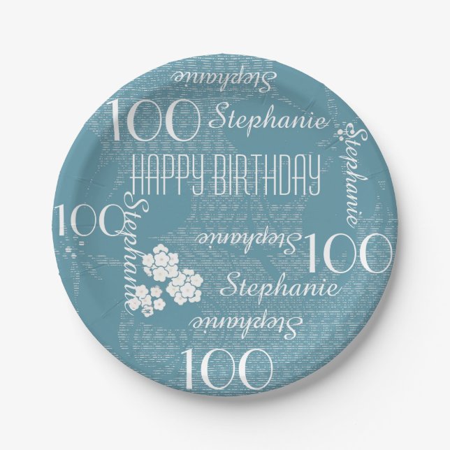 100th Birthday Party, Name, Plain Blue Floral Paper Plate (Front)