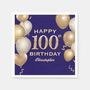 100th Birthday Party Navy Blue and Gold Balloons Napkin