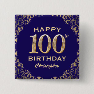 100th Birthday Party Navy Blue and Gold Glitter 15 Cm Square Badge