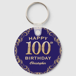 100th Birthday Party Navy Blue and Gold Glitter Key Ring