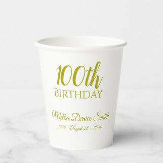 100th Birthday Party Paper Cups Personalised