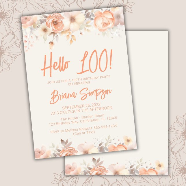 100th Birthday Party Peach Beige Ivory Floral Invitation (Creator Uploaded)