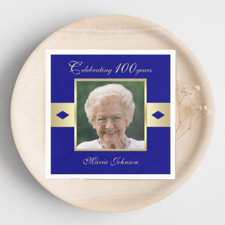 100th Birthday Party Photo on Navy Blue Paper Napkin