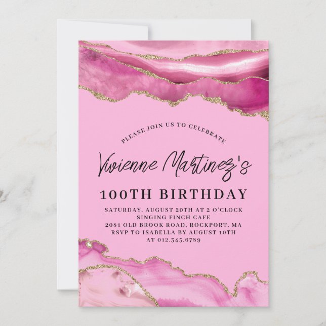 100th Birthday Party Pink Agate Marble Invitation (Front)