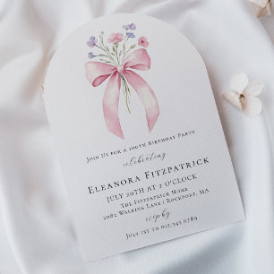 100th Birthday Party Pink Bow Wildflower Arch Invitation