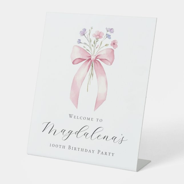 100th Birthday Party Pink Bow Wildflower Welcome Pedestal Sign (Front)