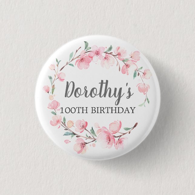 100th Birthday Party Pink Cherry Blossom Floral 3 Cm Round Badge (Front)