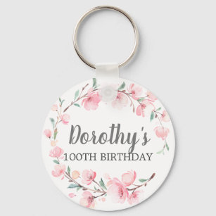 100th Birthday Party Pink Cherry Blossom Floral Key Ring