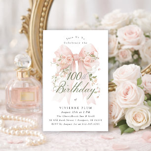 100th Birthday Party Pink Coquette Bow Rose Floral Invitation