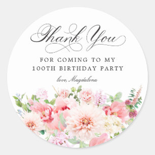 100th Birthday Party Pink Peony Floral Thank You Classic Round Sticker