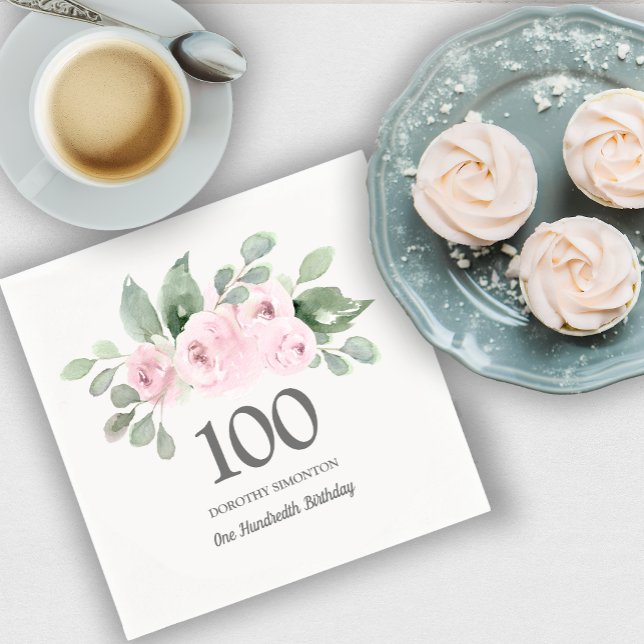100th Birthday Party Pink Rose Eucalyptus Napkin (Creator Uploaded)