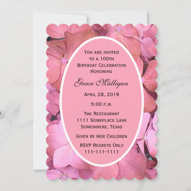 100th Birthday Party Pink Scalloped Hydrangeas Invitation (Front)