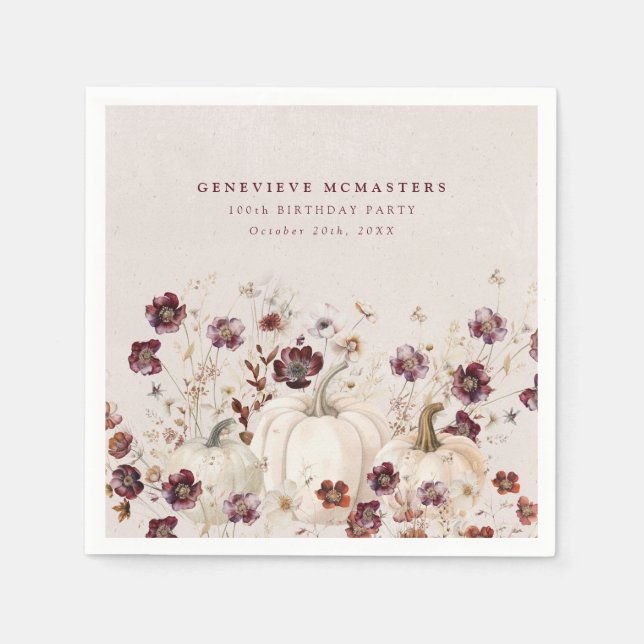 100th Birthday Party Pumpkin Wildflower Custom Napkin (Front)