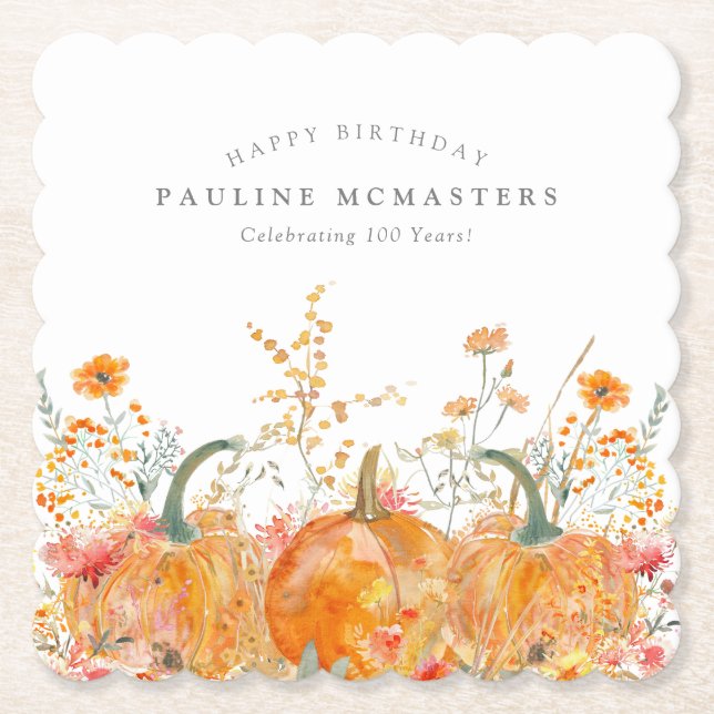 100th Birthday Party Pumpkin Wildflower Custom Paper Coaster (Front)