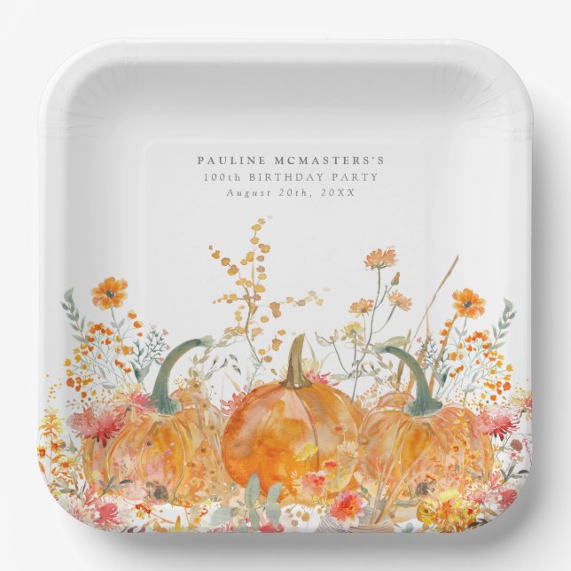 100th Birthday Party Pumpkin Wildflower Custom Paper Plate (Front)