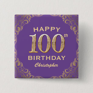 100th Birthday Party Purple and Gold Glitter Frame 15 Cm Square Badge